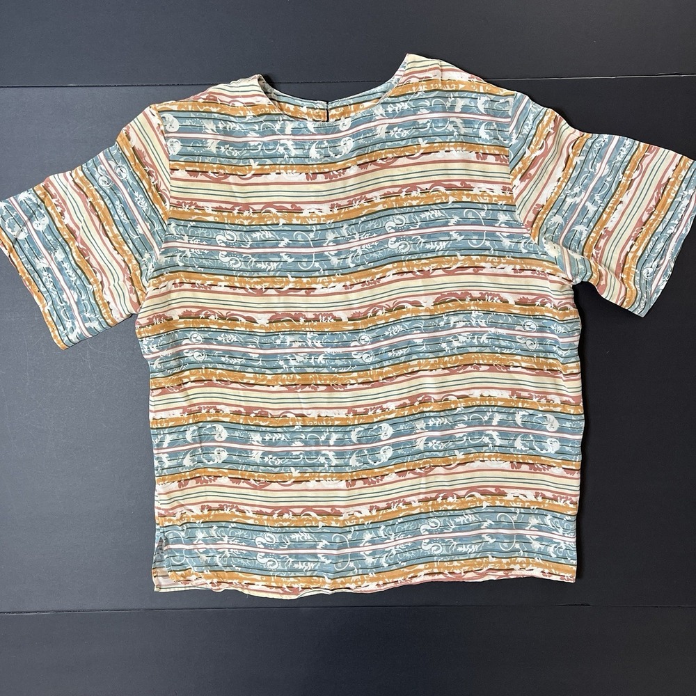 Vintage 100%‎ Silk Shirt Women's M Beige Multicolor Print Luxury Business